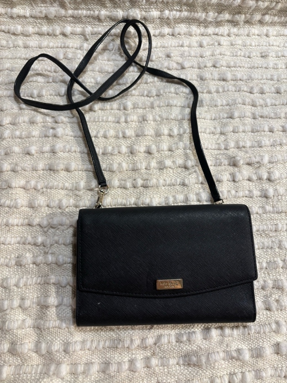kate spade Black Saffiano Crossbody Wallet with Gold Plaque
